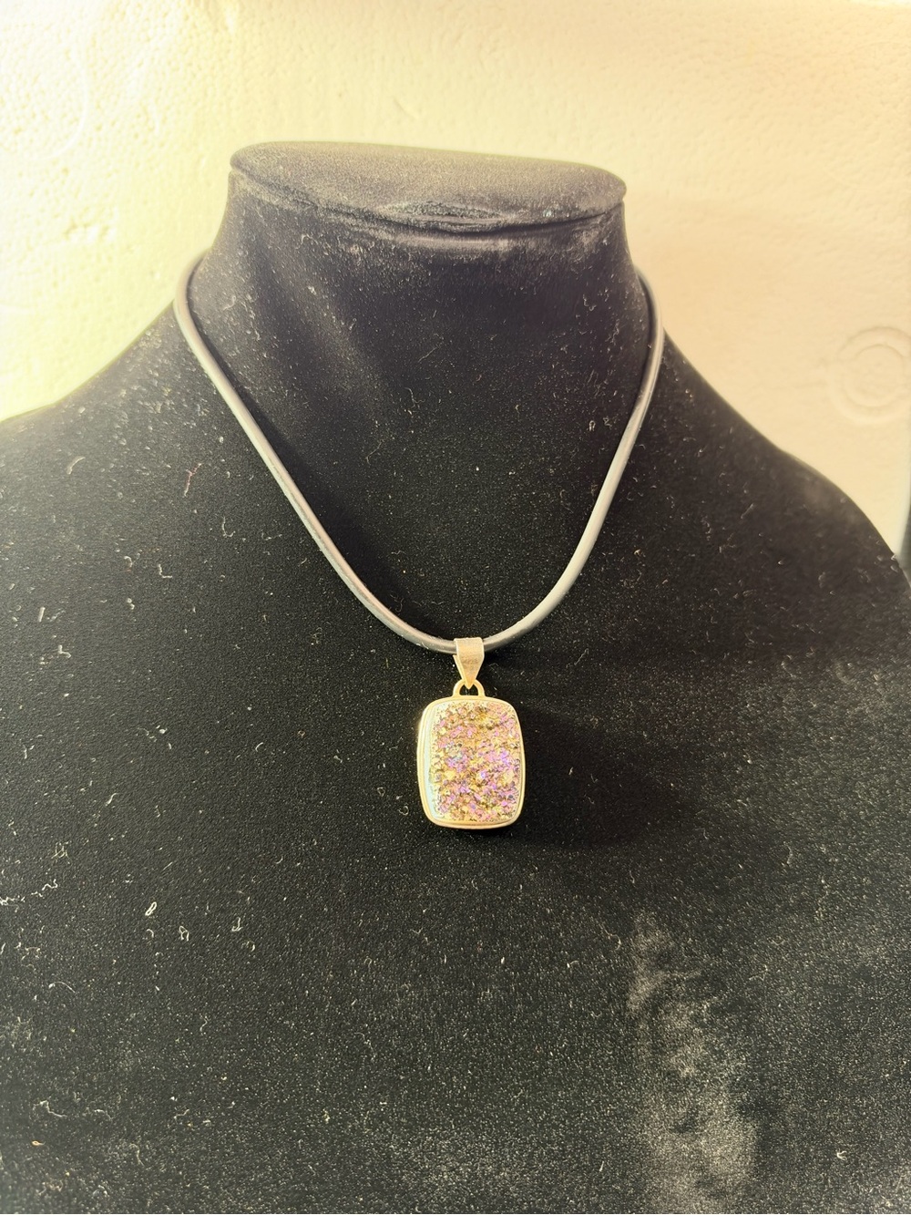925 Sterling Silver Multicolor Druzy Style Rectangle Charm Pendant Cord Necklace